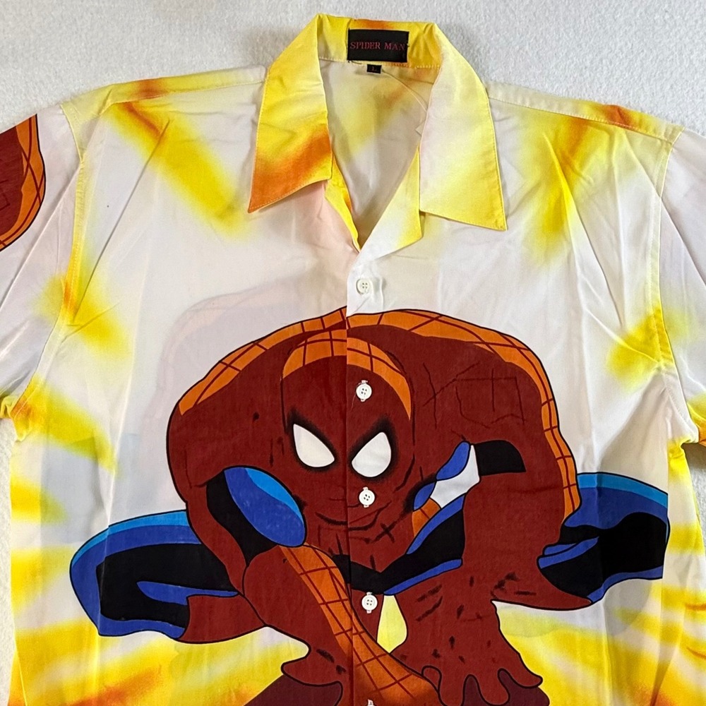 Spider Man Button Down Shirt Mens Large Graphic Print Tie Dye Multicolor